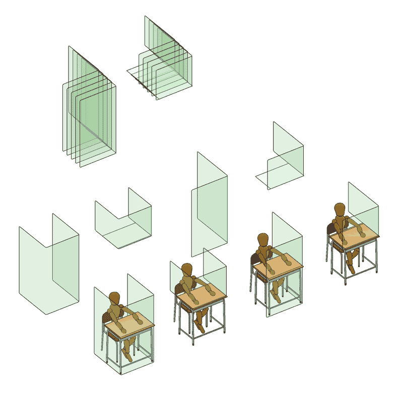 教室内でのコロナウィルス感染防止のためのブース・スクリーン・パーティションの形状